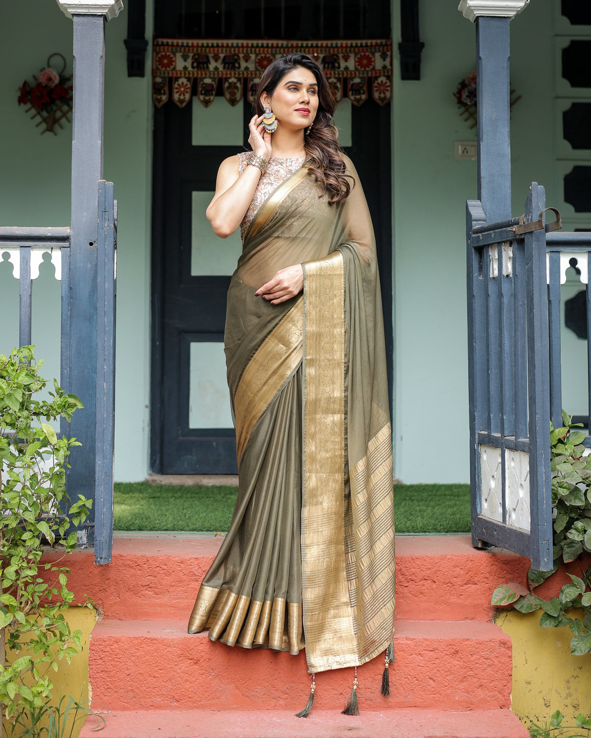 Olive Green Sheer Chiffon Saree with Gold Zari Border and Floral Designer Blouse CHIFFON Main image