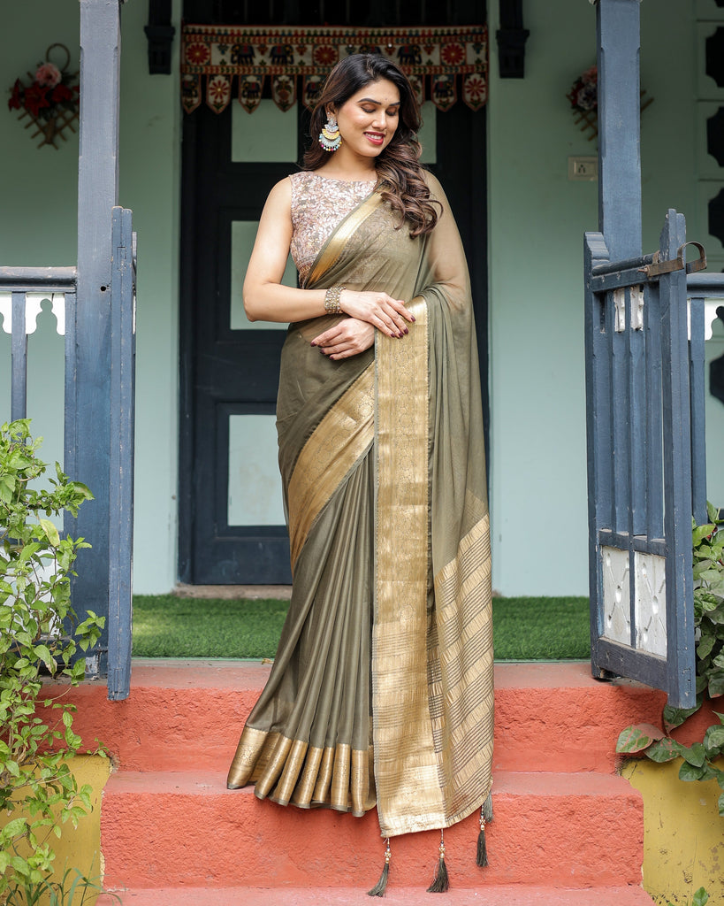 Olive Green Sheer Chiffon Saree with Gold Zari Border and Floral Designer Blouse CHIFFON