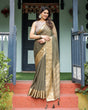 Load image into Gallery viewer, Olive Green Sheer Chiffon Saree with Gold Zari Border and Floral Designer Blouse CHIFFON