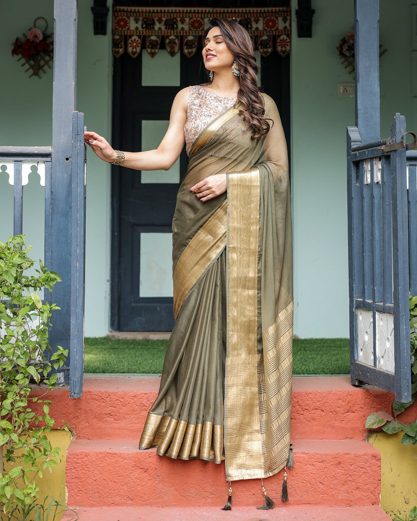 Olive Green Sheer Chiffon Saree with Gold Zari Border and Floral Designer Blouse CHIFFON