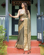 Load image into Gallery viewer, Olive Green Sheer Chiffon Saree with Gold Zari Border and Floral Designer Blouse CHIFFON