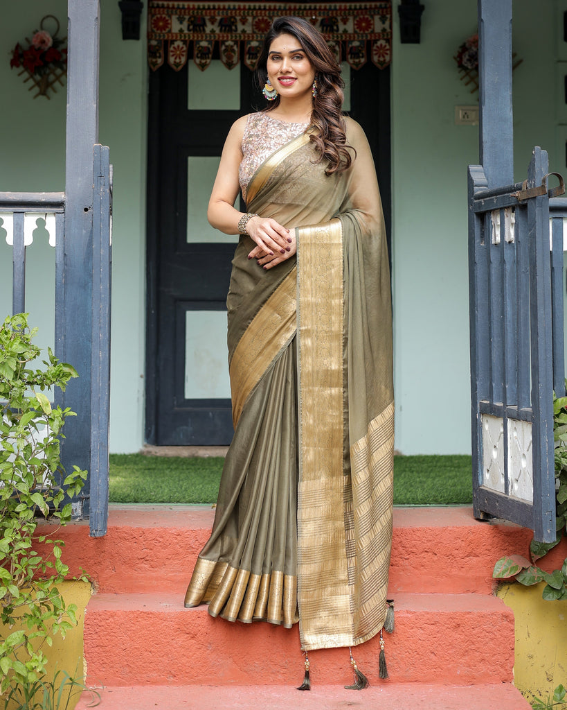 Olive Green Sheer Chiffon Saree with Gold Zari Border and Floral Designer Blouse CHIFFON