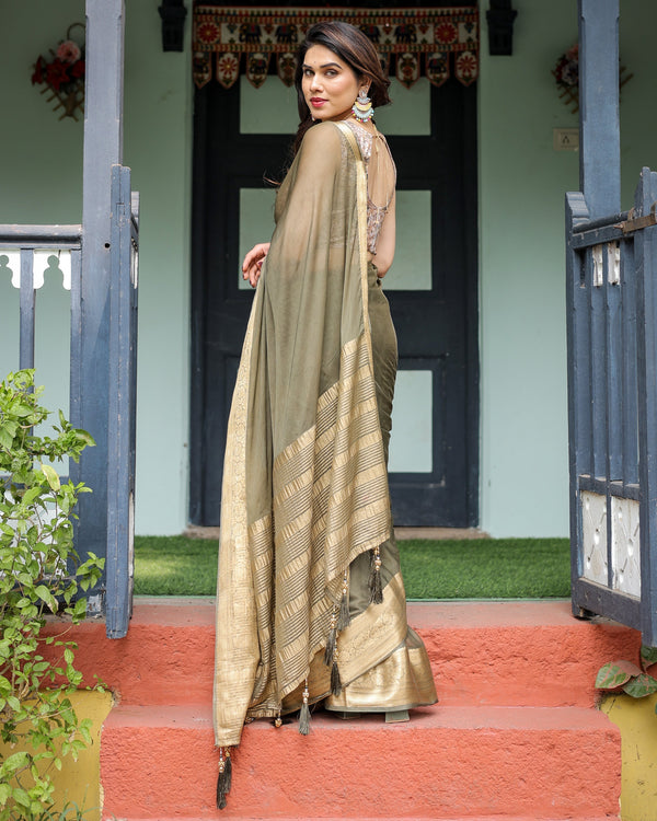 Olive Green Sheer Chiffon Saree with Gold Zari Border and Floral Designer Blouse CHIFFON