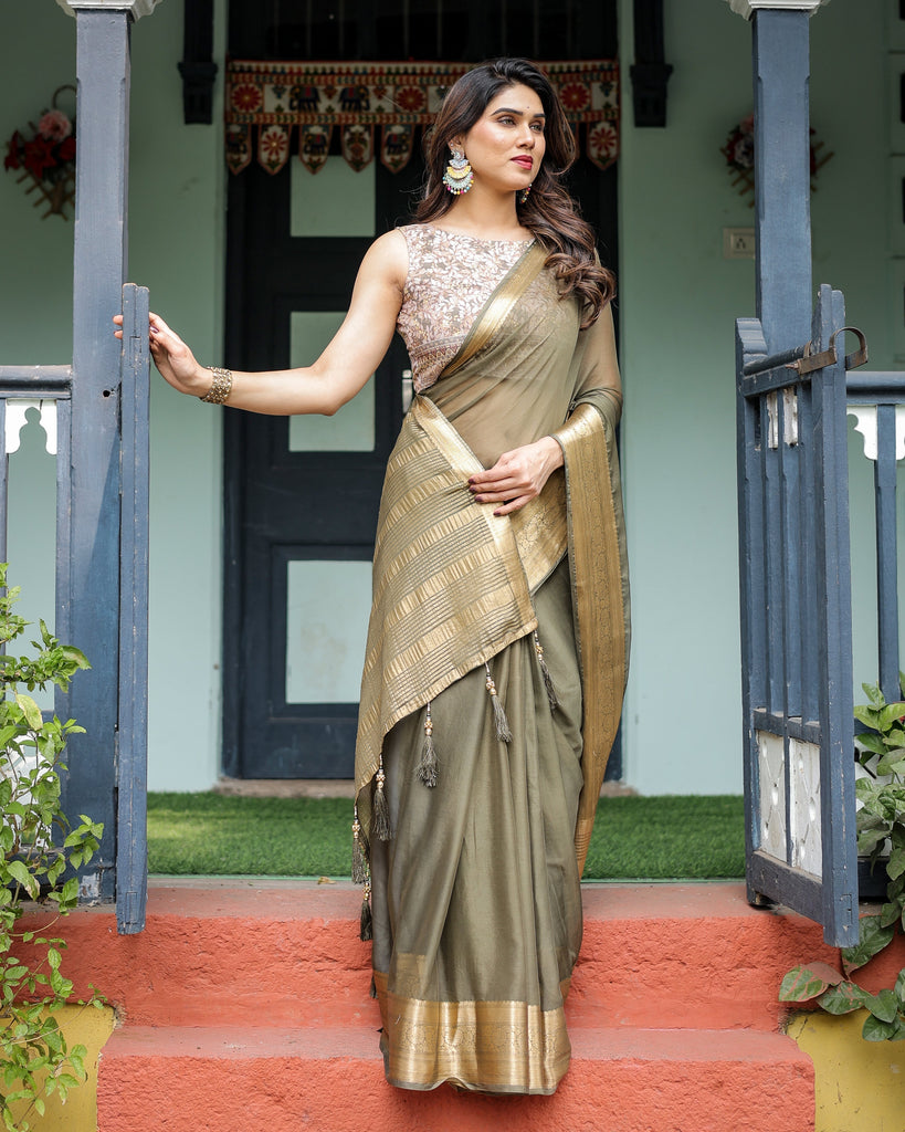 Olive Green Sheer Chiffon Saree with Gold Zari Border and Floral Designer Blouse CHIFFON