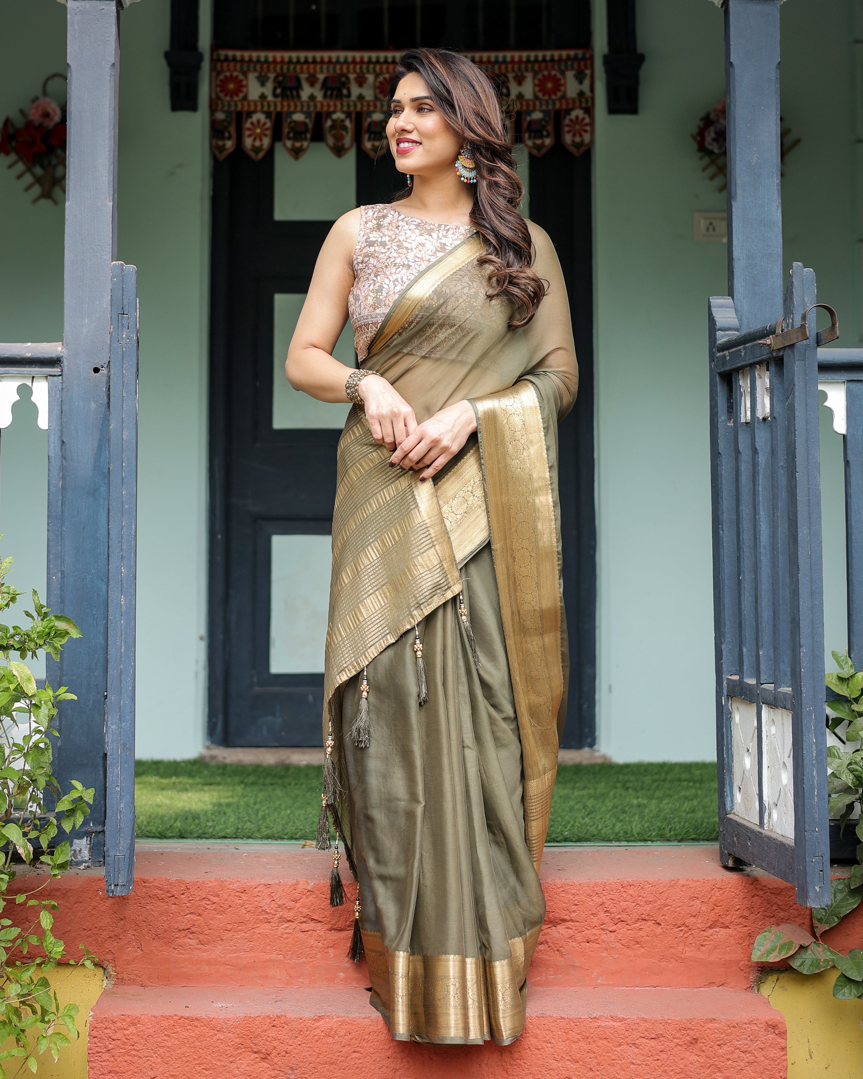 Olive Green Sheer Chiffon Saree with Gold Zari Border and Floral Designer Blouse CHIFFON