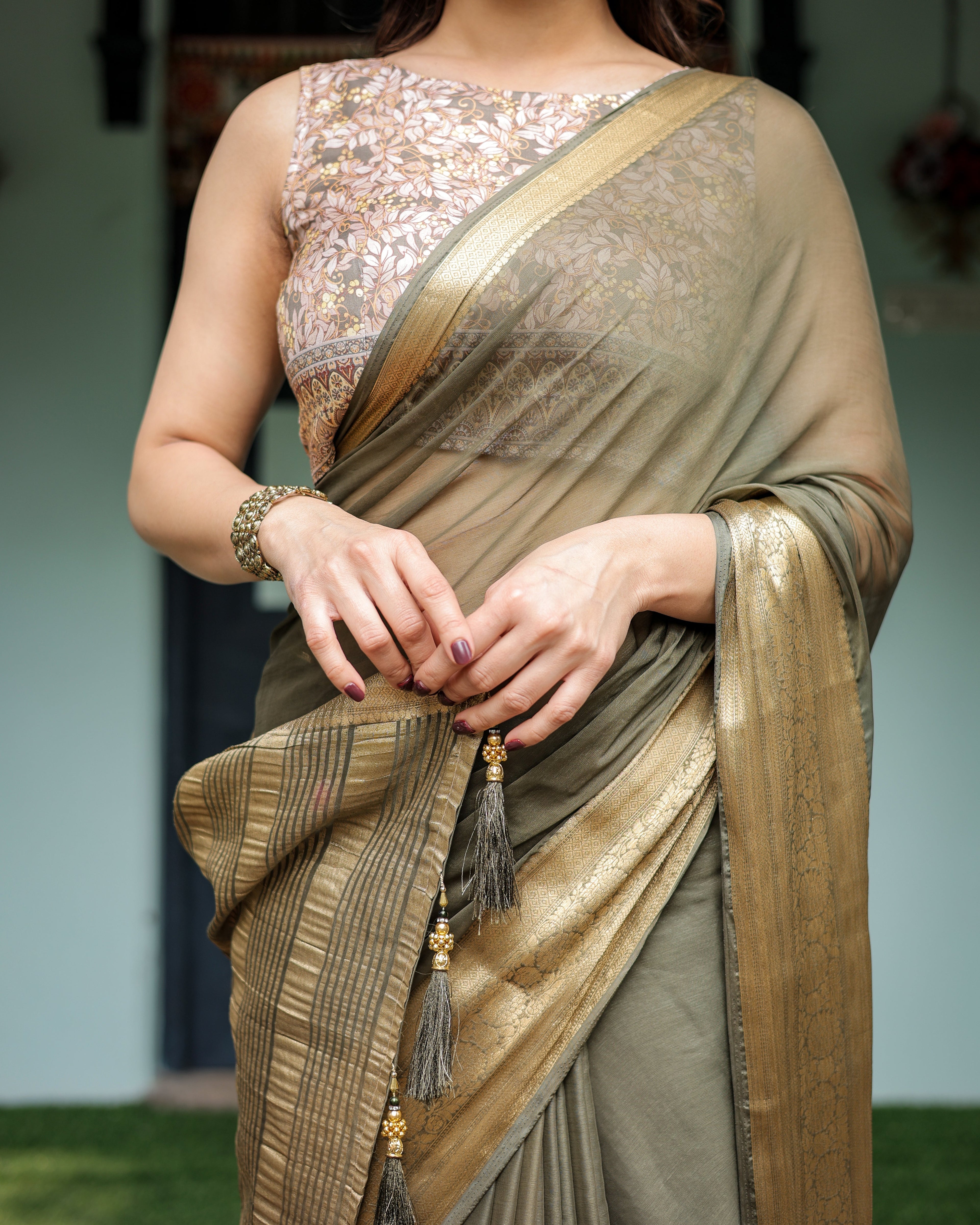 Olive Green Sheer Chiffon Saree with Gold Zari Border and Floral Designer Blouse CHIFFON