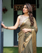Load image into Gallery viewer, Olive Green Sheer Chiffon Saree with Gold Zari Border and Floral Designer Blouse CHIFFON