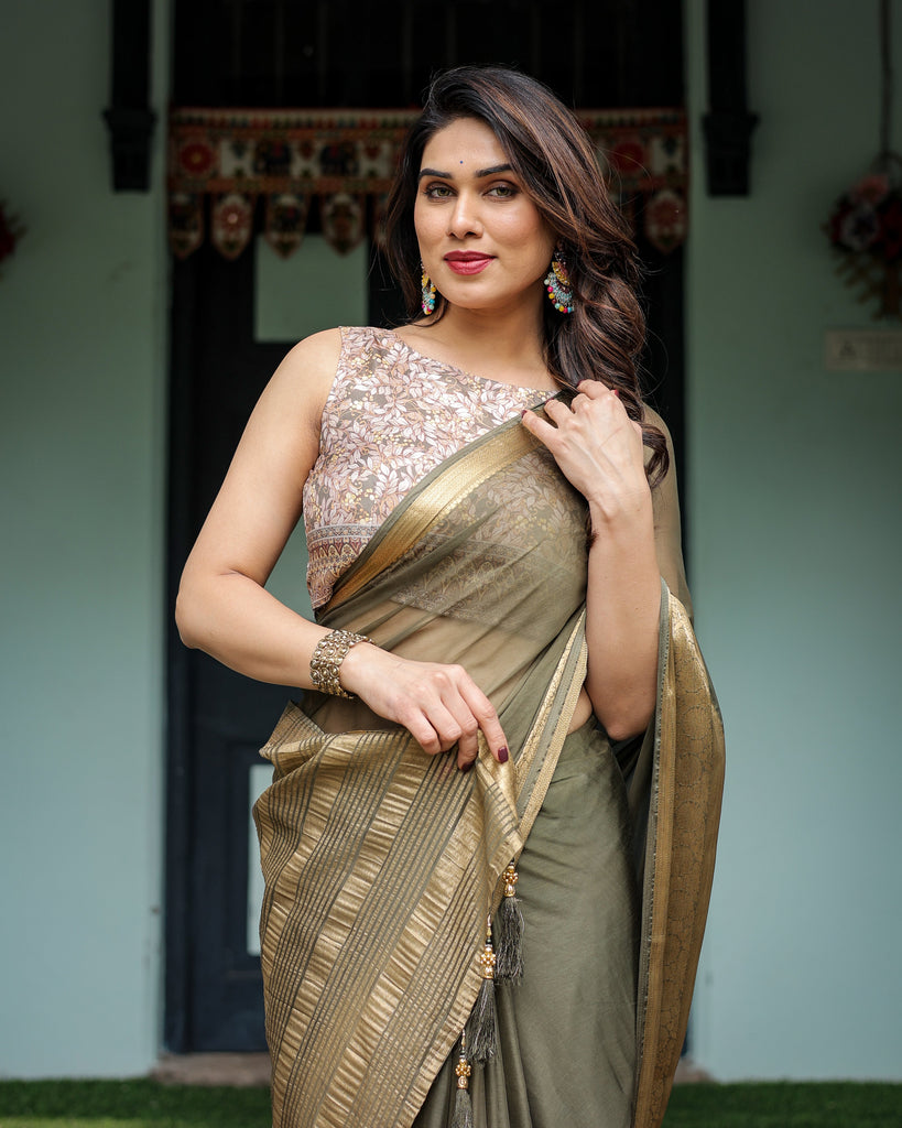 Olive Green Sheer Chiffon Saree with Gold Zari Border and Floral Designer Blouse CHIFFON