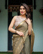 Load image into Gallery viewer, Olive Green Sheer Chiffon Saree with Gold Zari Border and Floral Designer Blouse CHIFFON