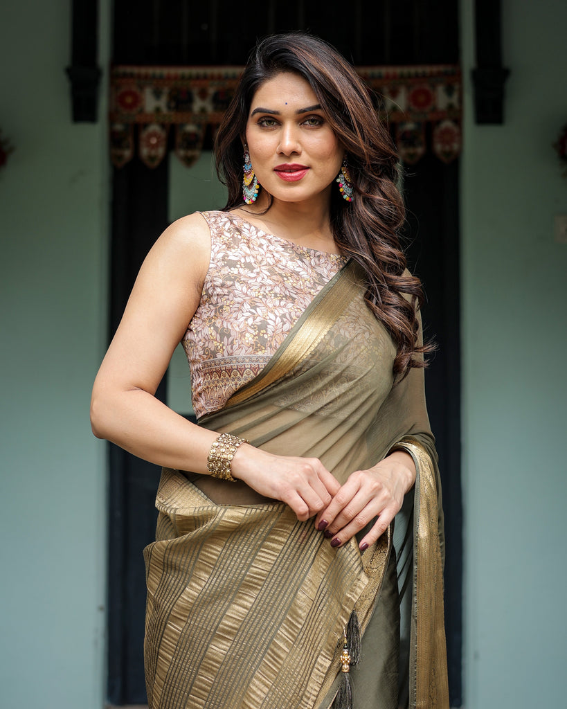 Olive Green Sheer Chiffon Saree with Gold Zari Border and Floral Designer Blouse CHIFFON