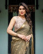 Load image into Gallery viewer, Olive Green Sheer Chiffon Saree with Gold Zari Border and Floral Designer Blouse CHIFFON