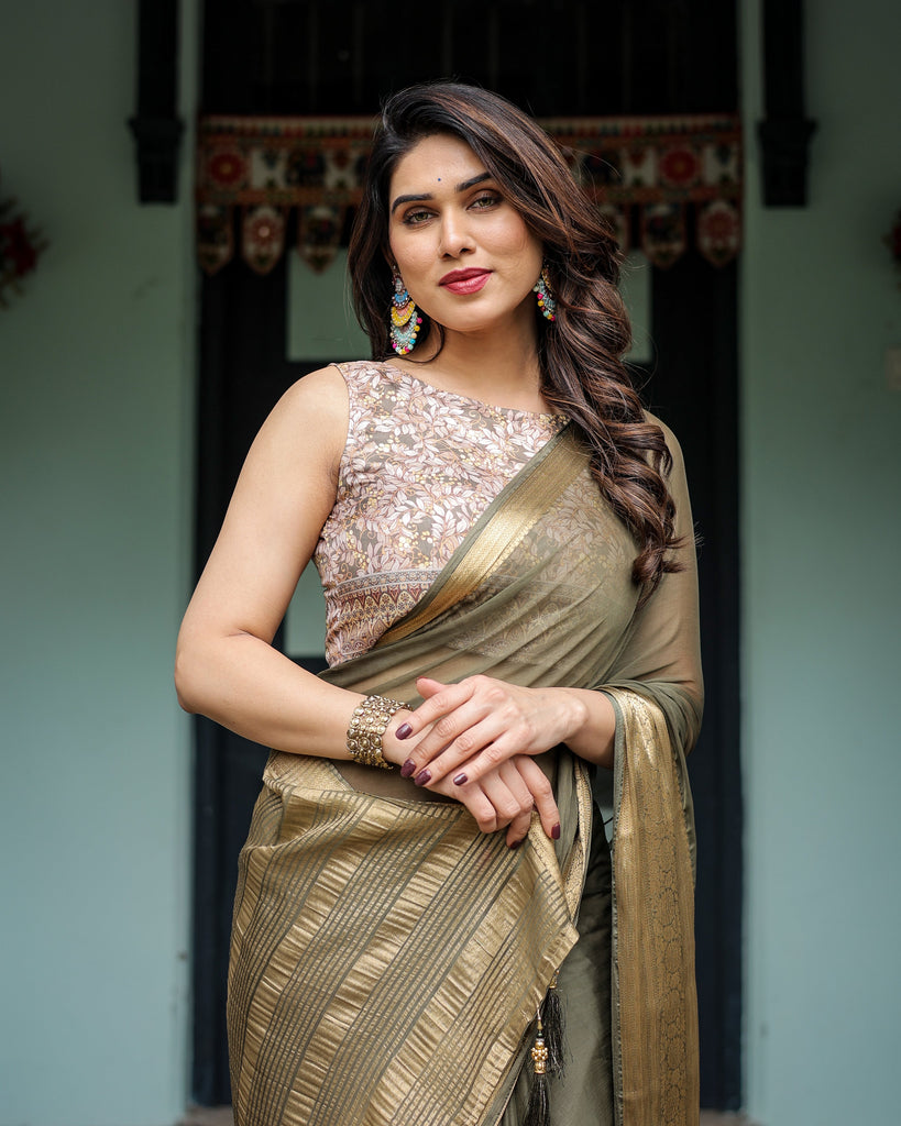 Olive Green Sheer Chiffon Saree with Gold Zari Border and Floral Designer Blouse CHIFFON