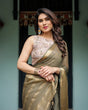 Load image into Gallery viewer, Olive Green Sheer Chiffon Saree with Gold Zari Border and Floral Designer Blouse CHIFFON