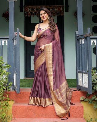 Plum Sheer Chiffon Saree with Golden Zari Border and Floral Designer Blouse CHIFFON