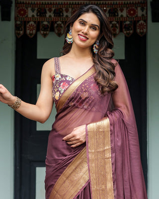 Plum Sheer Chiffon Saree with Golden Zari Border and Floral Designer Blouse CHIFFON