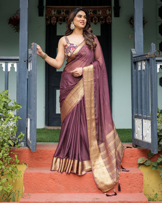 Plum Sheer Chiffon Saree with Golden Zari Border and Floral Designer Blouse CHIFFON