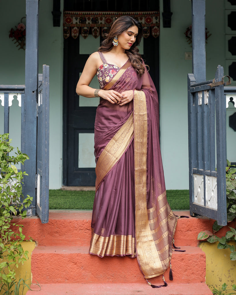 Plum Sheer Chiffon Saree with Golden Zari Border and Floral Designer Blouse CHIFFON