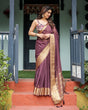 Load image into Gallery viewer, Plum Sheer Chiffon Saree with Golden Zari Border and Floral Designer Blouse CHIFFON