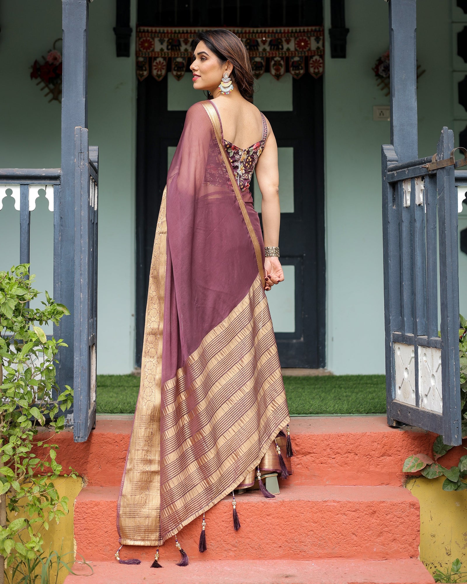 Plum Sheer Chiffon Saree with Golden Zari Border and Floral Designer Blouse CHIFFON