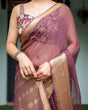 Load image into Gallery viewer, Plum Sheer Chiffon Saree with Golden Zari Border and Floral Designer Blouse CHIFFON