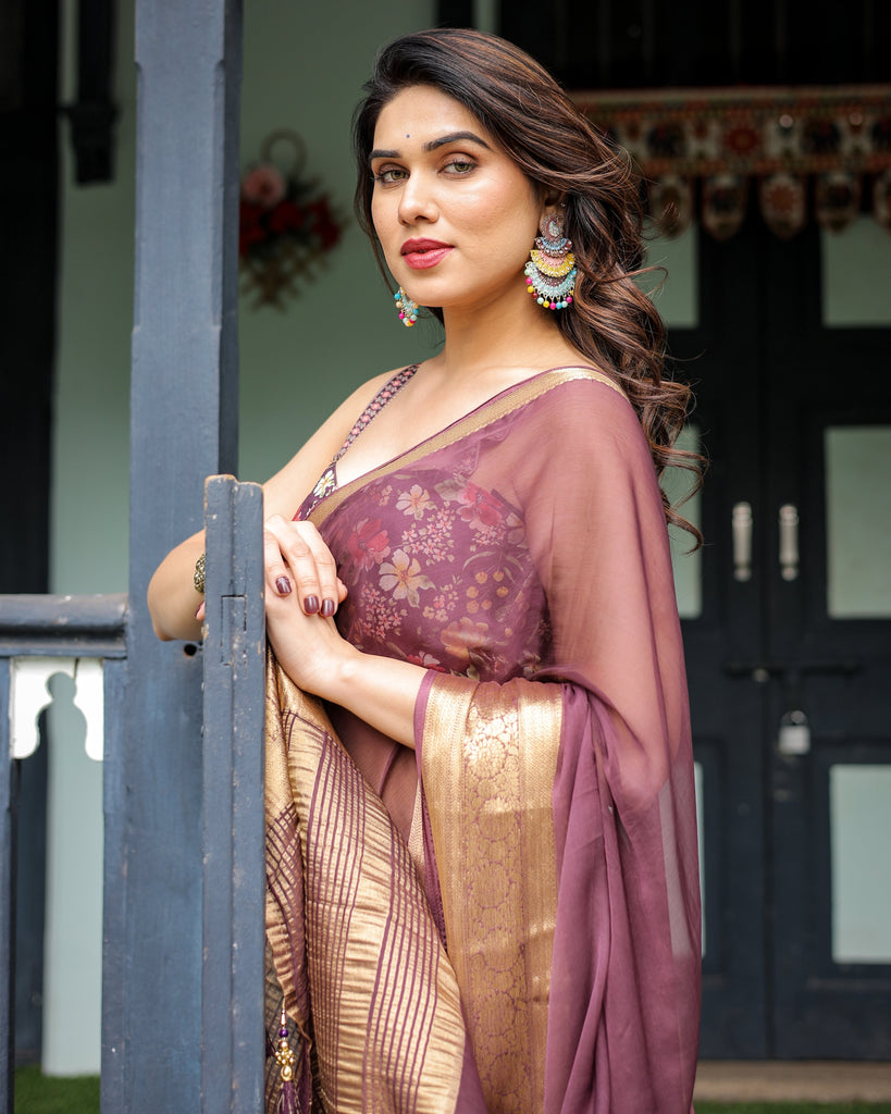 Plum Sheer Chiffon Saree with Golden Zari Border and Floral Designer Blouse CHIFFON