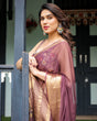 Load image into Gallery viewer, Plum Sheer Chiffon Saree with Golden Zari Border and Floral Designer Blouse CHIFFON