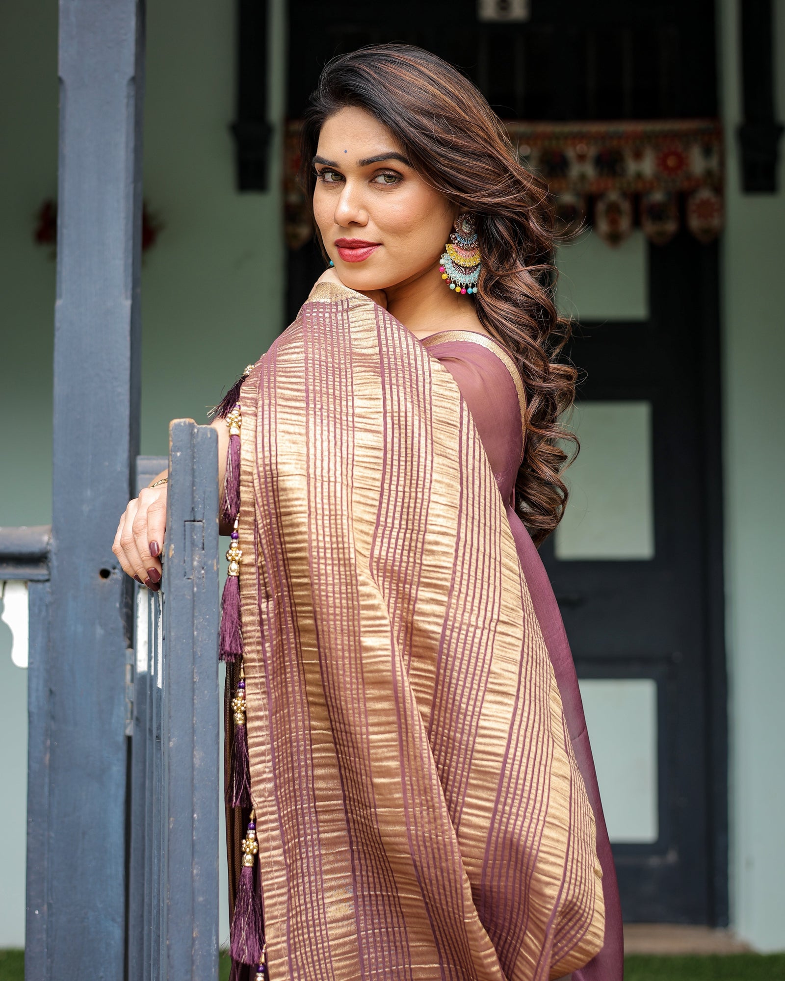 Plum Sheer Chiffon Saree with Golden Zari Border and Floral Designer Blouse CHIFFON