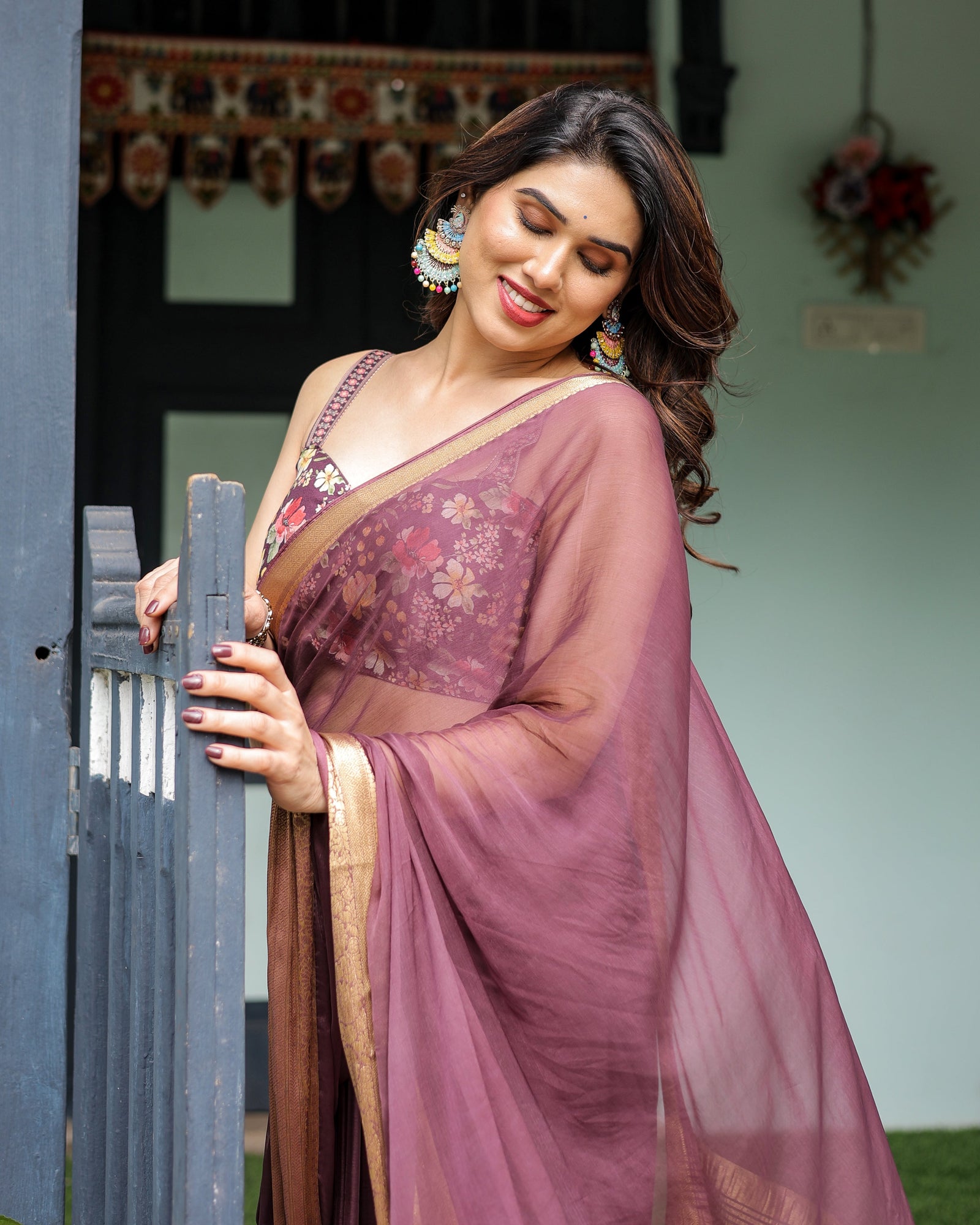 Plum Sheer Chiffon Saree with Golden Zari Border and Floral Designer Blouse CHIFFON