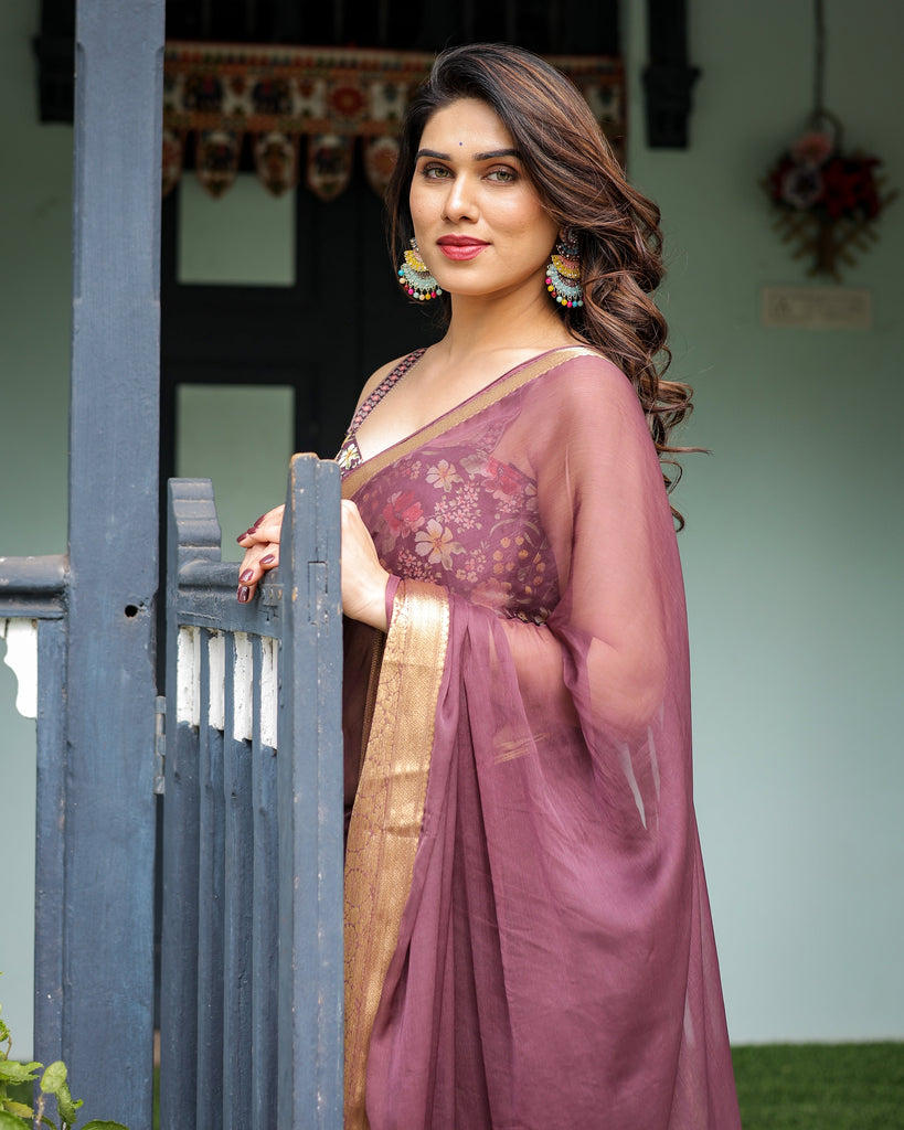 Plum Sheer Chiffon Saree with Golden Zari Border and Floral Designer Blouse CHIFFON