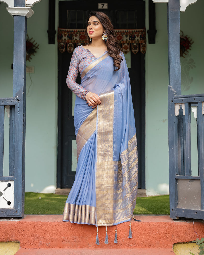 Sky Blue Plain Chiffon Saree with Gold Zari Border, Geometric Printed Blouse & Tassel Detailing CHIFFON