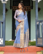 Load image into Gallery viewer, Sky Blue Plain Chiffon Saree with Gold Zari Border, Geometric Printed Blouse &amp; Tassel Detailing CHIFFON
