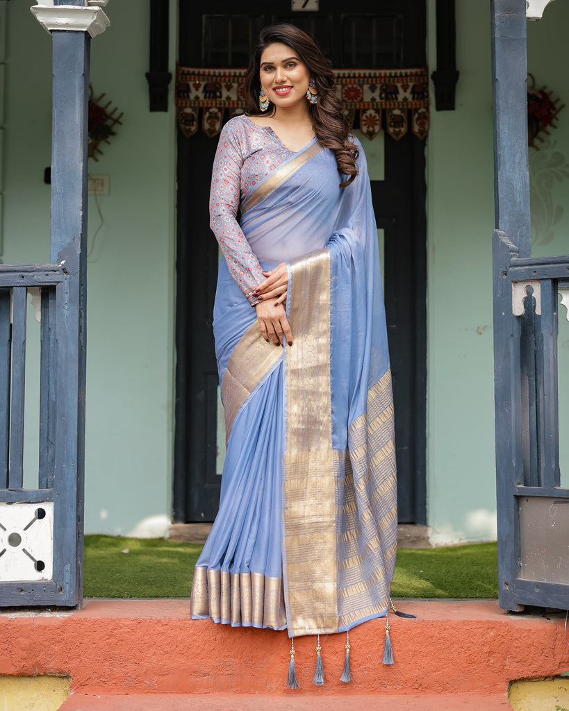 Sky Blue Plain Chiffon Saree with Gold Zari Border, Geometric Printed Blouse & Tassel Detailing CHIFFON