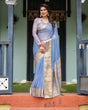 Load image into Gallery viewer, Sky Blue Plain Chiffon Saree with Gold Zari Border, Geometric Printed Blouse &amp; Tassel Detailing CHIFFON