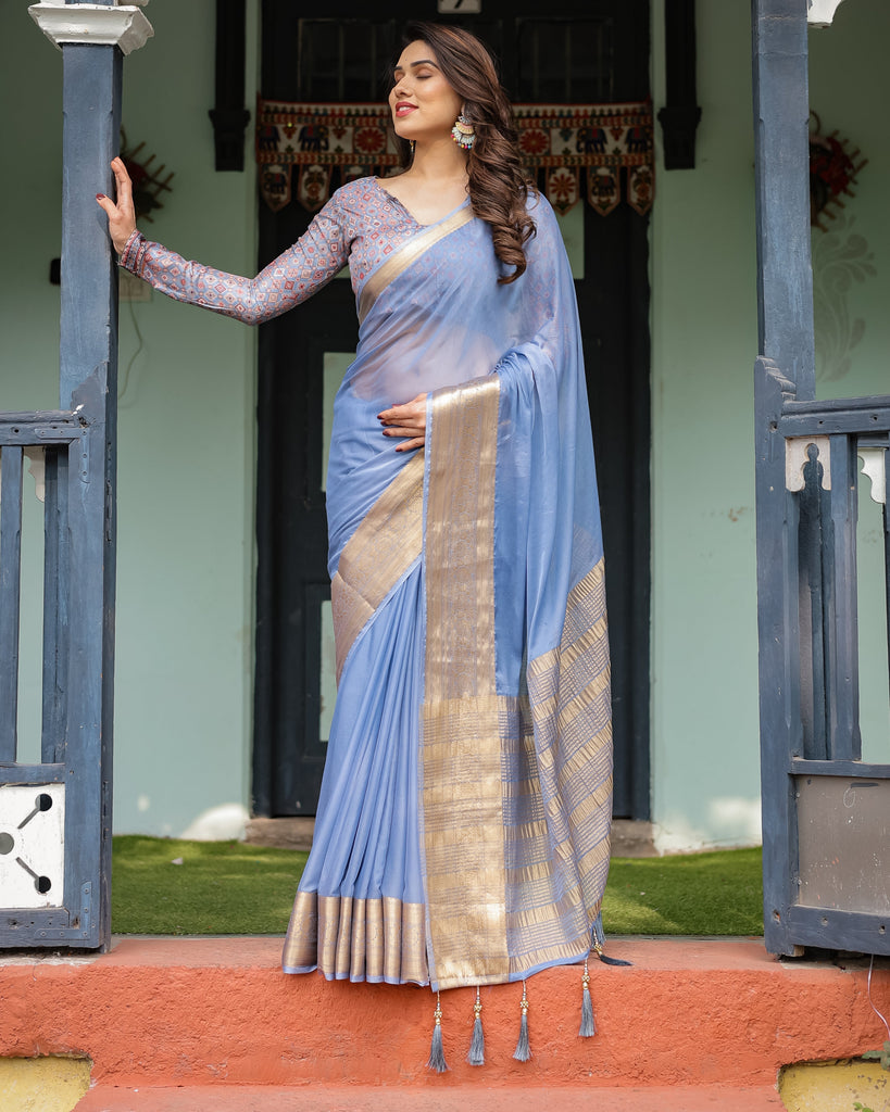 Sky Blue Plain Chiffon Saree with Gold Zari Border, Geometric Printed Blouse & Tassel Detailing CHIFFON
