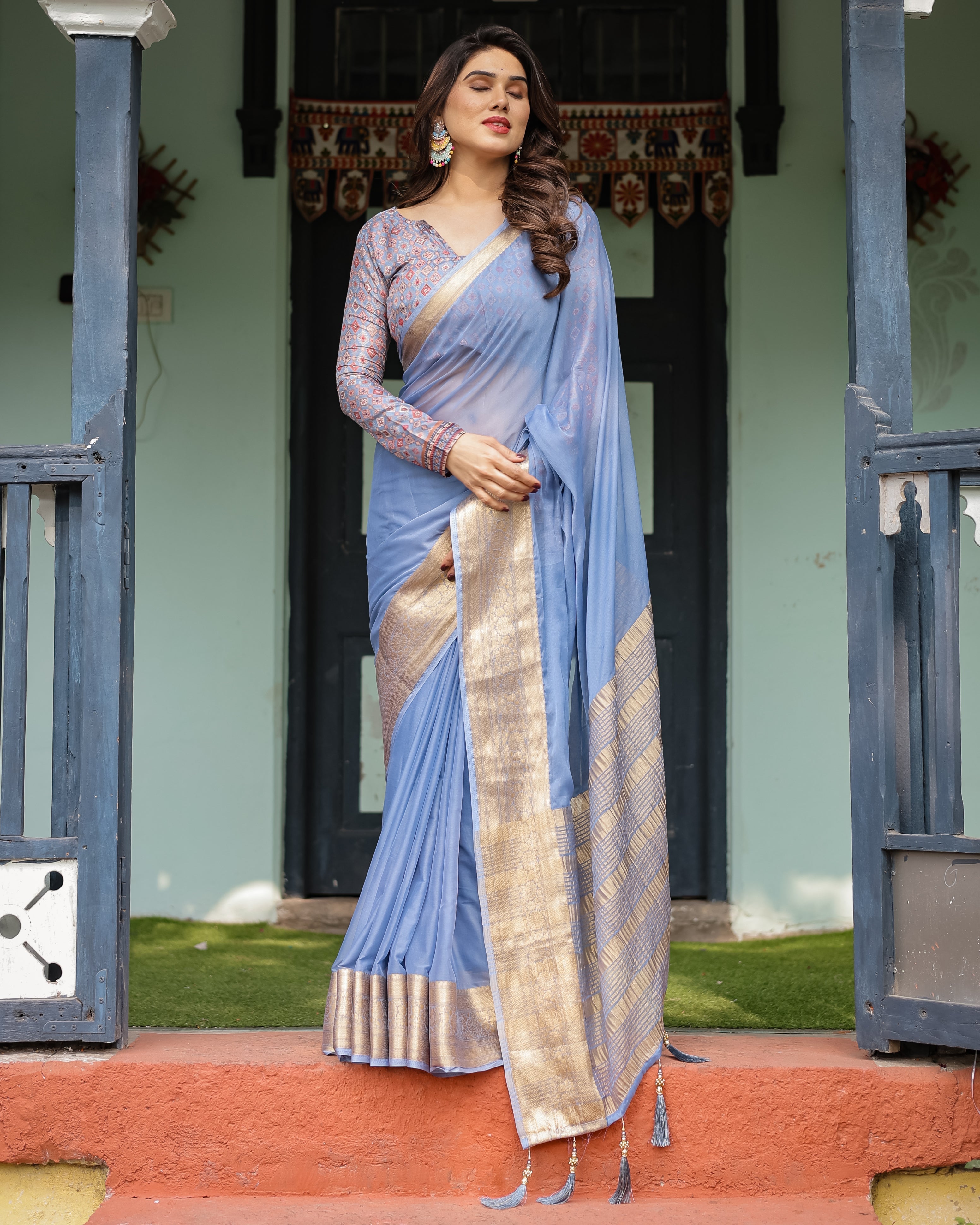 Sky Blue Plain Chiffon Saree with Gold Zari Border, Geometric Printed Blouse & Tassel Detailing CHIFFON