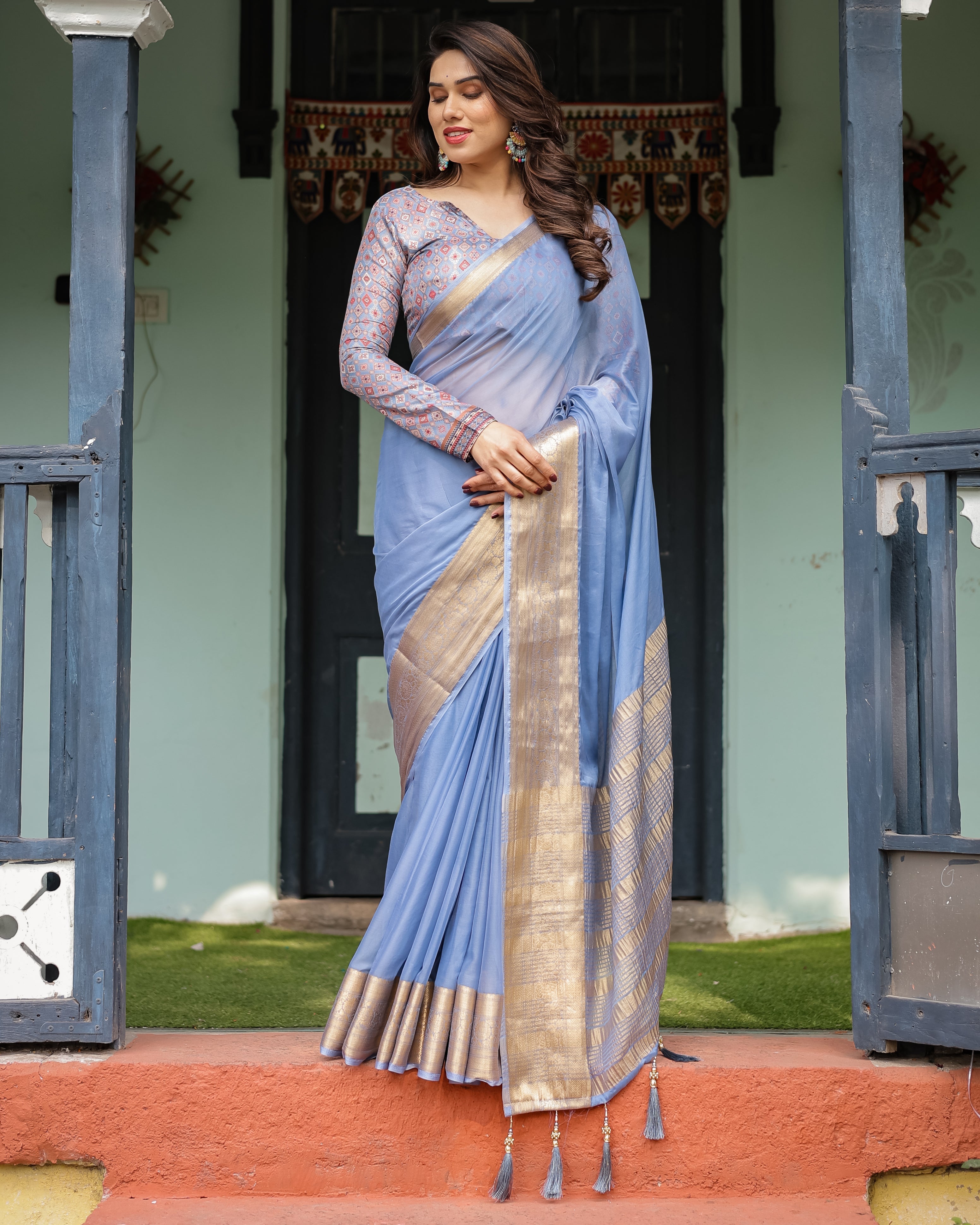 Sky Blue Plain Chiffon Saree with Gold Zari Border, Geometric Printed Blouse & Tassel Detailing CHIFFON