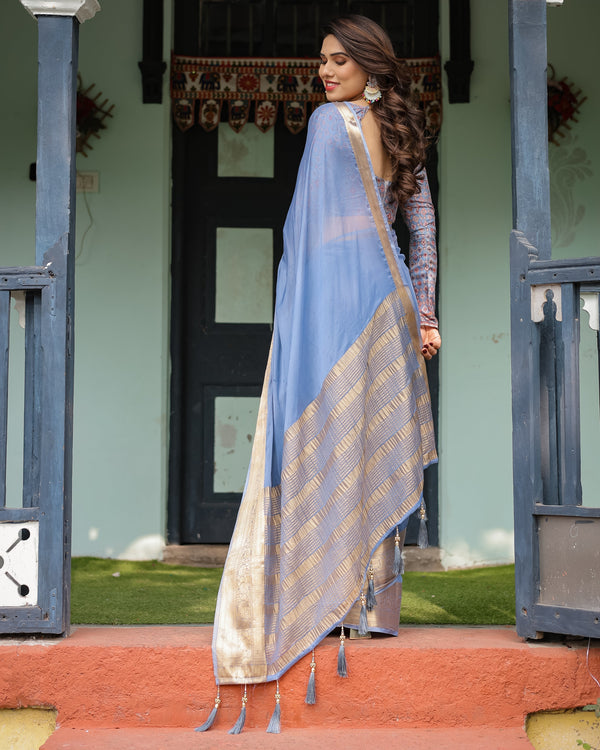Sky Blue Plain Chiffon Saree with Gold Zari Border, Geometric Printed Blouse & Tassel Detailing CHIFFON