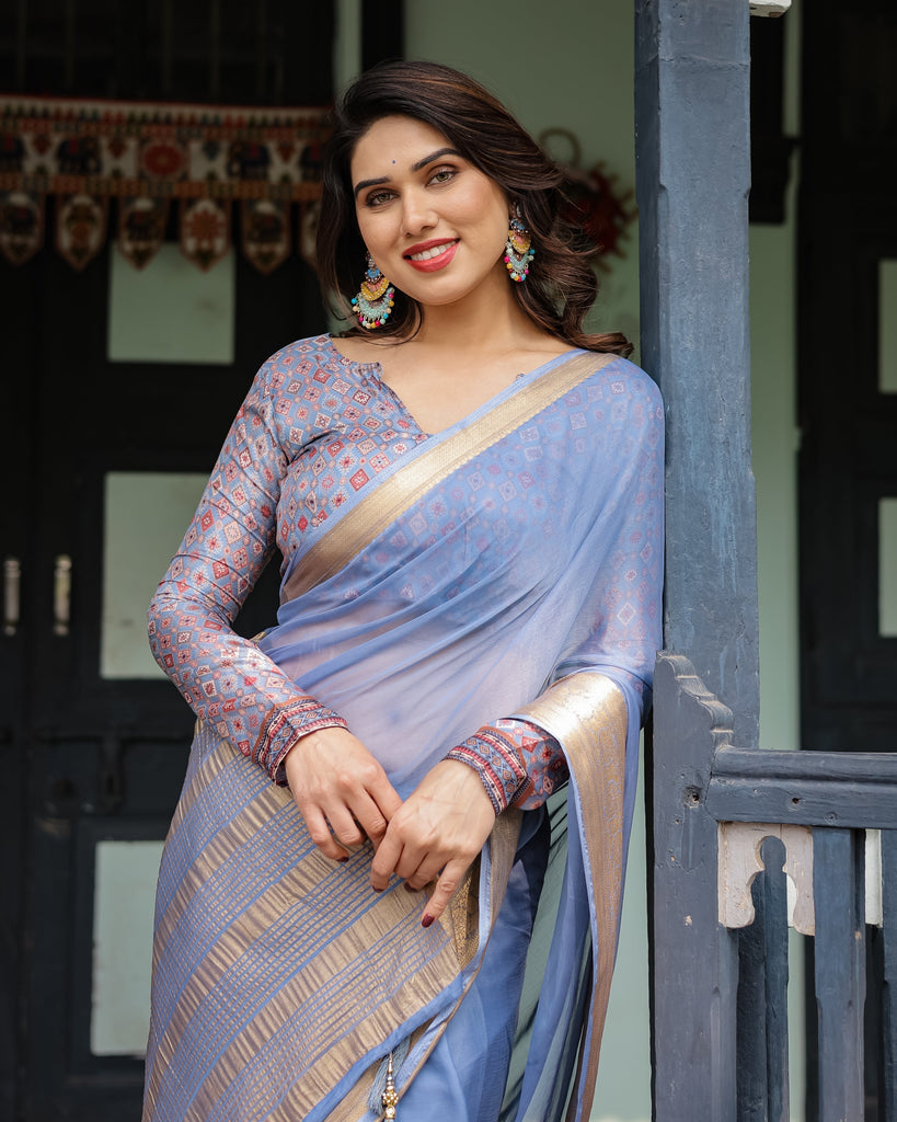 Sky Blue Plain Chiffon Saree with Gold Zari Border, Geometric Printed Blouse & Tassel Detailing CHIFFON