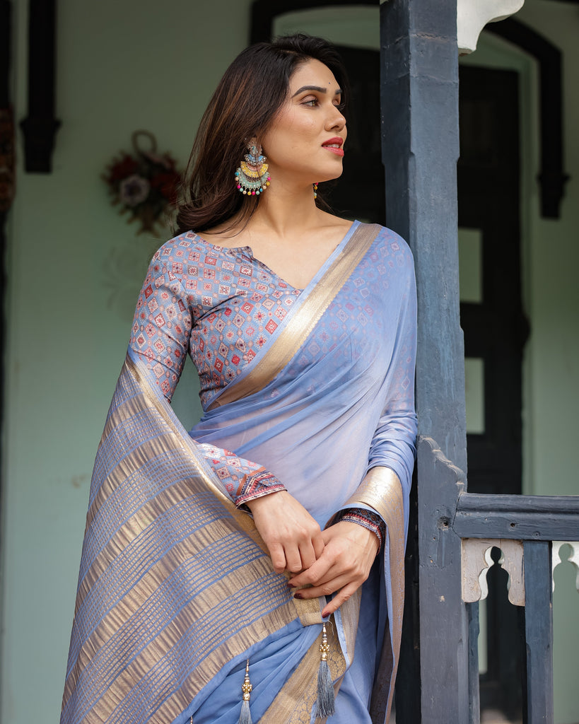 Sky Blue Plain Chiffon Saree with Gold Zari Border, Geometric Printed Blouse & Tassel Detailing CHIFFON