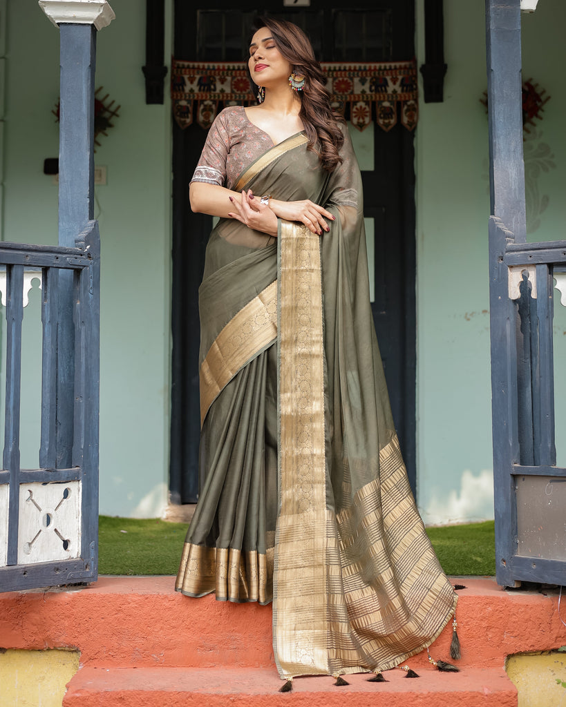 Elegant Olive Green Plain Chiffon Saree with Gold Zari Border, Floral Printed Blouse & Tassel Detailing CHIFFON