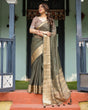 Load image into Gallery viewer, Elegant Olive Green Plain Chiffon Saree with Gold Zari Border, Floral Printed Blouse &amp; Tassel Detailing CHIFFON