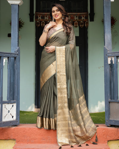 Elegant Olive Green Plain Chiffon Saree with Gold Zari Border, Floral Printed Blouse & Tassel Detailing CHIFFON
