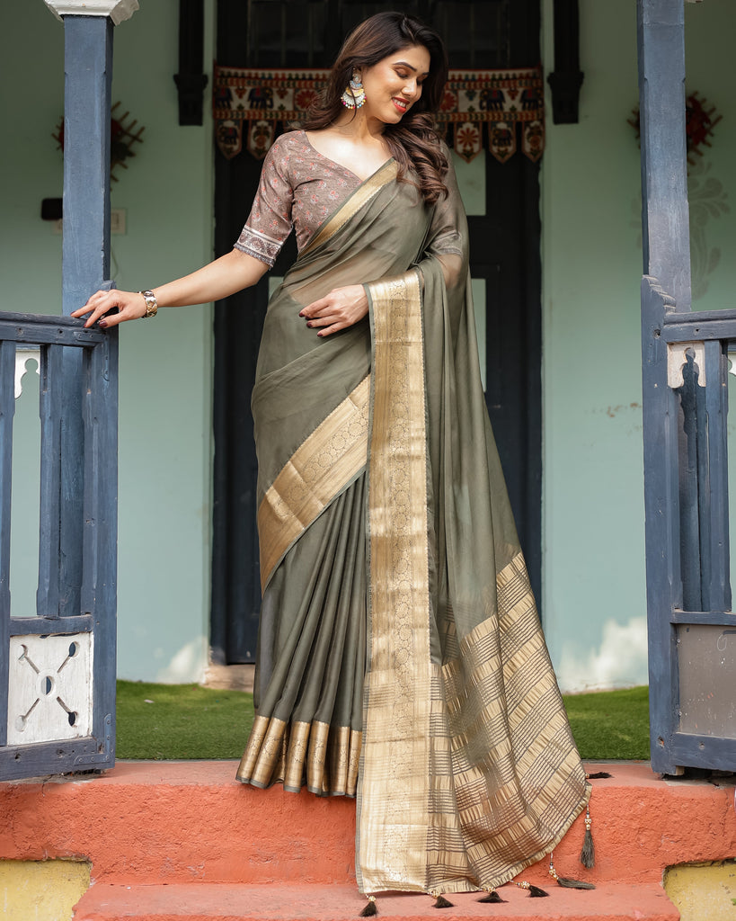 Elegant Olive Green Plain Chiffon Saree with Gold Zari Border, Floral Printed Blouse & Tassel Detailing CHIFFON
