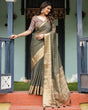Load image into Gallery viewer, Elegant Olive Green Plain Chiffon Saree with Gold Zari Border, Floral Printed Blouse &amp; Tassel Detailing CHIFFON
