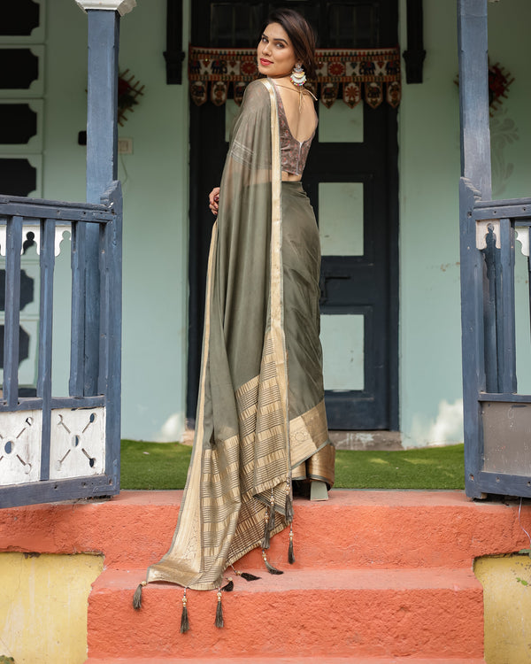 Elegant Olive Green Plain Chiffon Saree with Gold Zari Border, Floral Printed Blouse & Tassel Detailing CHIFFON