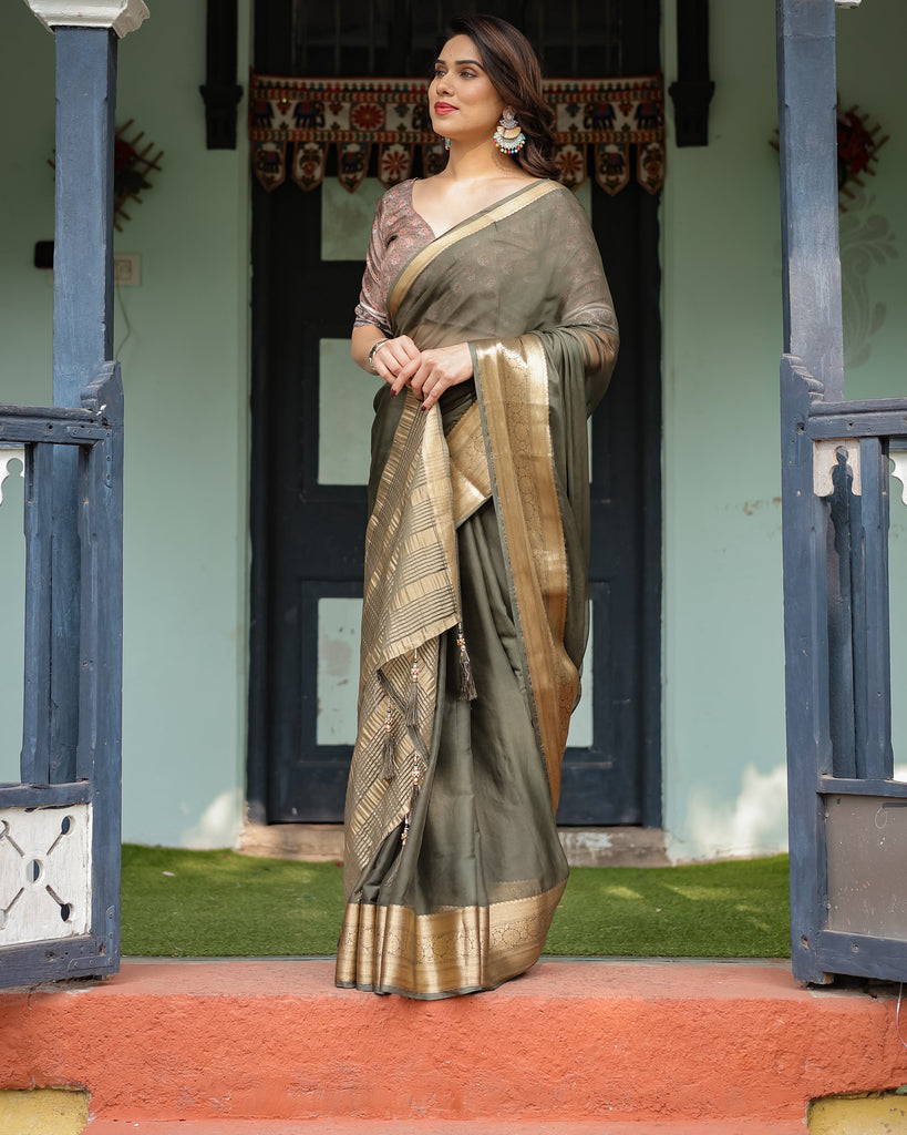 Elegant Olive Green Plain Chiffon Saree with Gold Zari Border, Floral Printed Blouse & Tassel Detailing CHIFFON