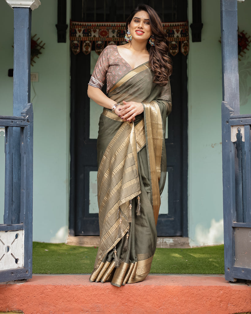 Elegant Olive Green Plain Chiffon Saree with Gold Zari Border, Floral Printed Blouse & Tassel Detailing CHIFFON