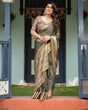 Load image into Gallery viewer, Elegant Olive Green Plain Chiffon Saree with Gold Zari Border, Floral Printed Blouse &amp; Tassel Detailing CHIFFON