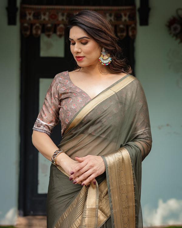 Elegant Olive Green Plain Chiffon Saree with Gold Zari Border, Floral Printed Blouse & Tassel Detailing CHIFFON
