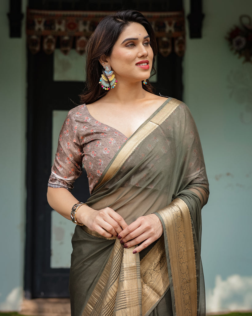 Elegant Olive Green Plain Chiffon Saree with Gold Zari Border, Floral Printed Blouse & Tassel Detailing CHIFFON